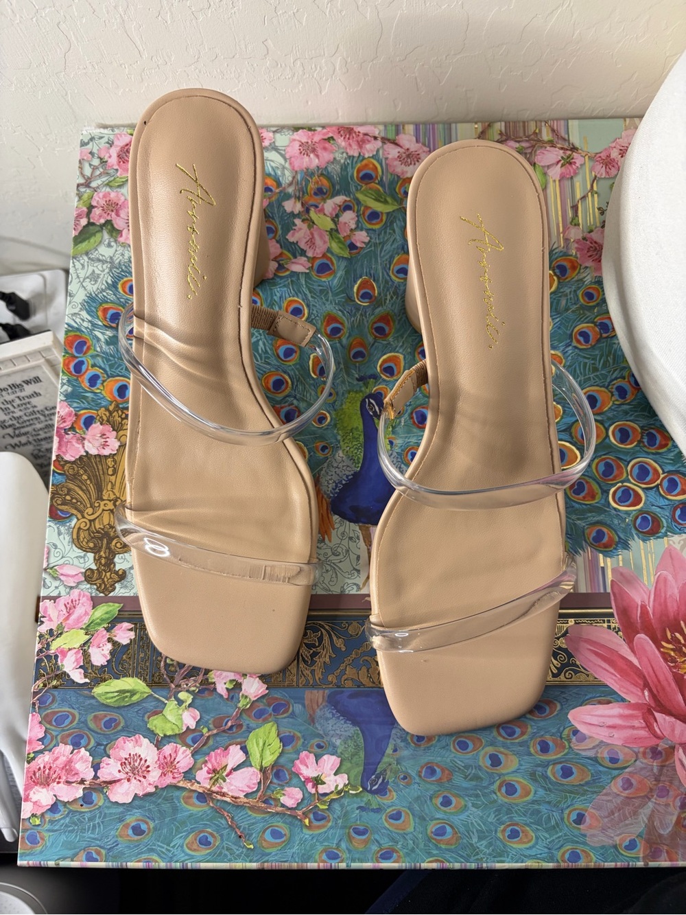 Arromic Nude Clear Two Strap Square Open Toe Chunky Block Heels - Size 7
